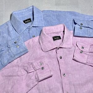 Neiman Marcus Button‎ Up Shirt Mens Medium Linen Chambray Blue & Pink Lot of 2
